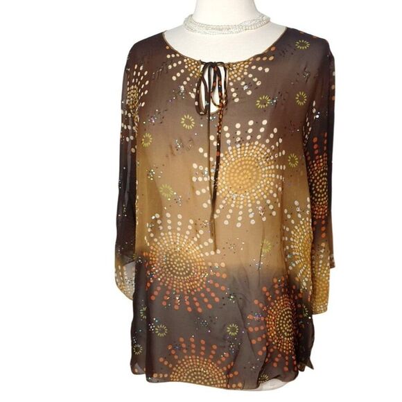 VTG Brittany Black Womens Retro Blouse XL Brown Sheer Chiffon LS Flair 60s Natur - Picture 1 of 6